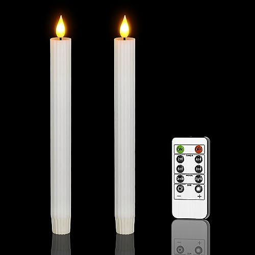 Ymenow LED Taper Candles Battery Operated, 2pcs White Real Wax Electric Flameless Fake Candles Flickering with Timer Remote for Halloween Christmas Home Dinner Window Decorations
