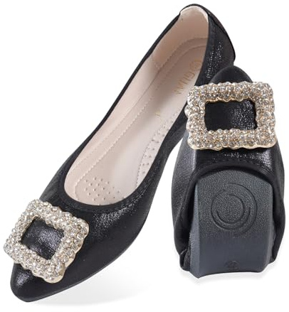 MACHSWON Women's Ballet Flats Sparkly Rhinestone Wedding Ballerina Shoes Foldable Portable Comfort Slip on Flat Walking Shoes