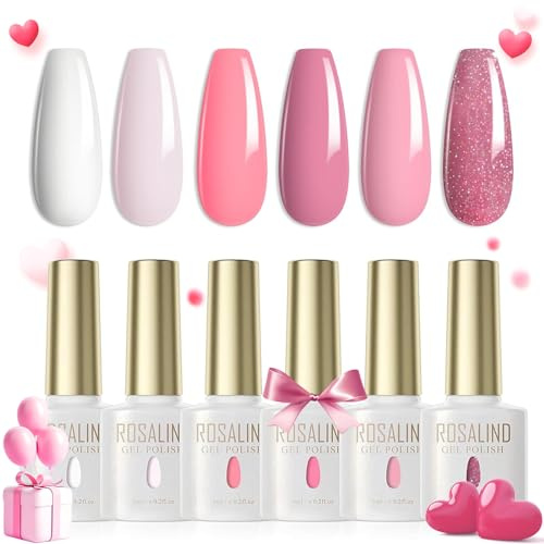 ROSALIND UV-nagellack 6 färger Vitrosa Ljusrosa Neonrosa Glitterrosa Set Färggel för gelnaglar UV LED gelnagellack för UV-lampa Vår Sommar Färg Alla hjärtans dag
