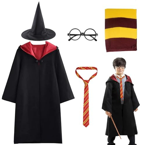 WELLXUNK Costume de Magicien, Déguisement Adulte Enfant avec Cape, Cravate, Echarpe, Baguette, Lunettes noires rondes, Chapeau de sorcier, Baguette, Costume de Cosplay pour Halloween Fête Carnaval