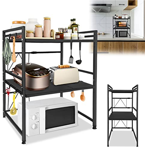 XMTECH 3-stufiges Mikrowellen Regal, Erweiterbares Mikrowellenhalter Mikrowellenständer Mikrowelle Regale Mikrowellenregal Stehend mit 8 Haken, für Küche Aufbewahrung Organizer, Schwarz