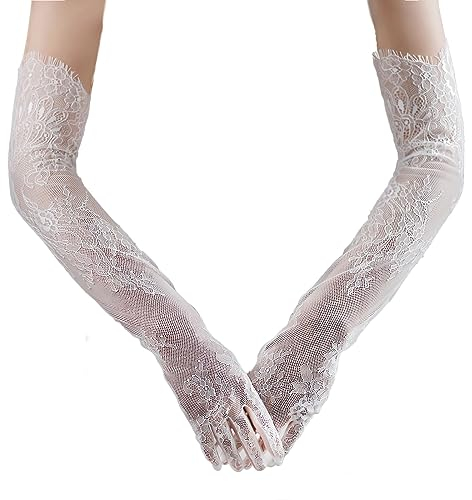 AMBRE ADÈLE Braut-Spitzenhandschuhe – elegante 61 x 12,7 cm weiße Handschuhe für formelle Anlässe, Weiss/opulenter Garten, Einheitsgröße