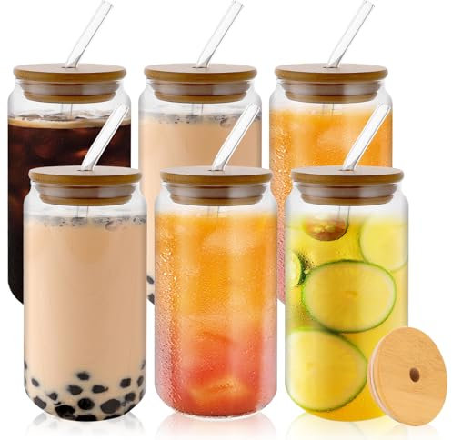 LOPYXBR Lot de 6 verres avec couvercle et paille 500 ml, verre à boire avec paille et couvercle, tasse en verre transparent avec couvercle et paille pour latte, café glacé, smoothies, jus, cocktails