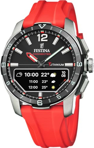 Festina Reloj Inteligente Hombre Híbrido Connected D de Caucho Rojo - Analógico Inteligente F23000/C - Control Música, Cuenta Pasos, Notifica y Rechaza Llamadas - hasta 10 Días de Batería