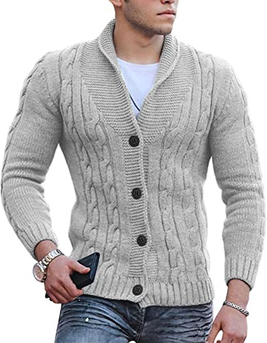 Cardigan Homme Boutons col châle Casual Pull Hiver Chaud Tricot torsadé Coupe ajustée Leger Pulls col v Grande Taille Manche Longue épais Pullover Basic Couleur Unie Quotidien Ideal Manteau (Grey, L)
