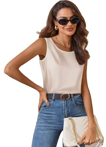 Zeagoo Top in Raso da Donna Elegante Canotta di Seta Basic Blusa con Scollo Rotondo Top Casual Senza Maniche Champagne XS