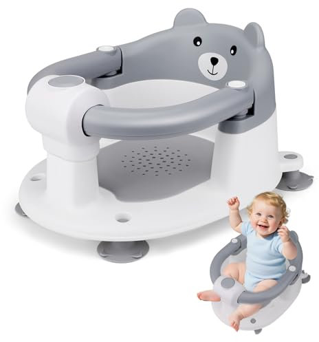 Baignoire pour bébé à partir de 6 mois, protection de la colonne vertébrale scientifique, avec 4 poussoirs d'aspiration et coussins forts, brassiers pliants(gris)