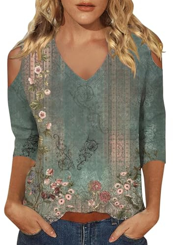 Uwdiohq Hauts à Manches 3/4 pour Femmes 2025 Printemps Col Décontracté Imprimé Tunique T-Shirts Trois Chemisiers Et pour Femmes Habillés Manches Longues Grande Taille Chemise Femme Longue Femme