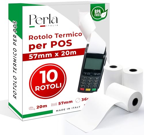 Perla Rotoli POS 57x20 – Carta Termica Alta Qualità – Confezione da 10 | Rotoli termici 57x20 compatibili POS Nexi, SumUp, Ingenico; stampa nitida, carta liscia e scorrevole per ricevute chiare.