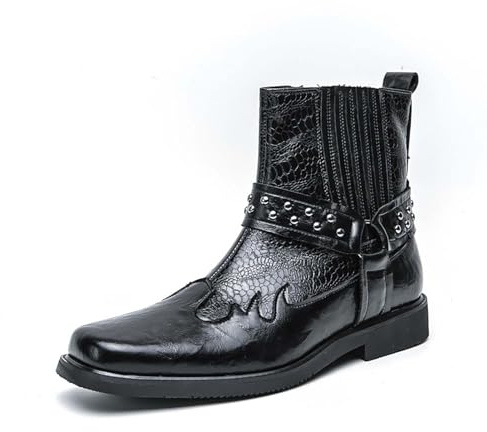 Stivali Biker da Uomo in Pelle Stampa Pitonata - Stivaletti Western Cowboy con Cinturino Borchiato, Stile Rock Casual O da Festa, Impermeabili,Nero,44 EU