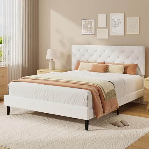 HOMBCK King Size Bed Frame, 150 x 200 cm, with Adjustable Upholstered Headboard, Heavy Duty 300kg Weight Capacity, Easy Assembly, No Box Spring Needed, White