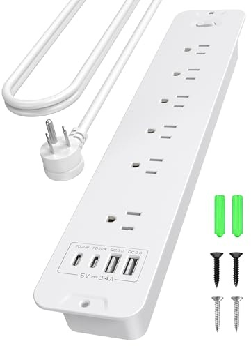 Recessed Surge Protector Power Strip with USB Ports – 6 AC Outlet Extender & 2 USB A(18W) & 2 USB C (PD 20W), 1800J Surge Protector & 6 Ft Cord, Desk, Table, Wall, Furniture (Flush-Mounted, White)