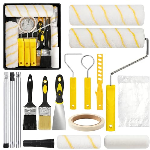 Set di 20 rulli colorati con asta telescopica da 1,2 m, rullo da pittura da 9 pollici e 4 pollici, con vaschetta colorata, raschietto per vernice, set di pittura per pareti porte e soffitti