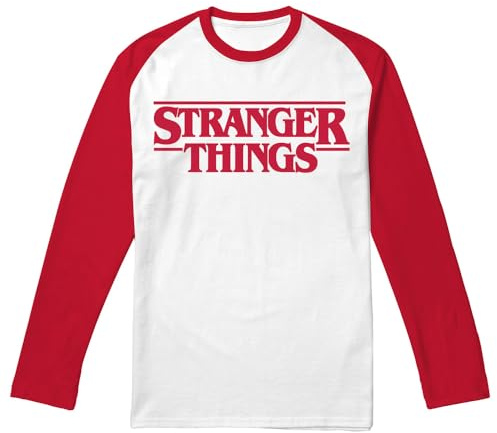 Stranger Things Main Logo Raglan Adult Long Sleeve Baseball T Shirt, White/Red
