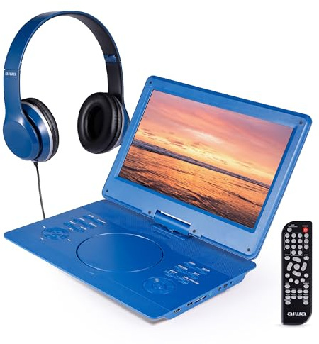 Aiwa - 14 Portable Media Player Travel Kit, DVD & CD Player Portable with Swiveling Screen, Built-in Stereo Speakers, HDMI Input, Remote, Headphones, and Carry Bag (Navy)