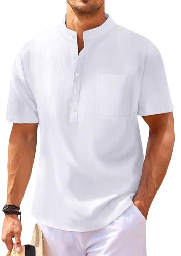 Vardagliga strand-t-tröjor för män med fickknapp t-shirt topp strand hippie skjorta ståkrage Henley skjorta kortärmad