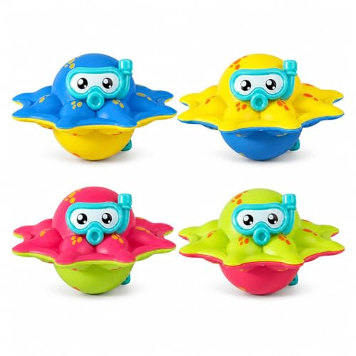 AURALIN Floating Octopus Pool Toys 4 Piece Set Water Retrieval Games | Blue yellow red and green plastic water retrieval toys for swimming pool games bath time summer play and training