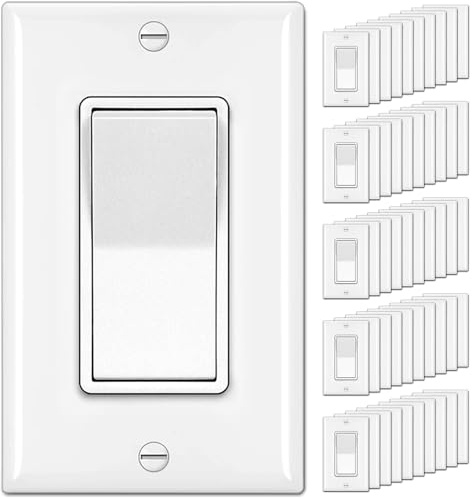 [50 Pack] BESTTEN Single Pole Decorator Wall Light Switch with Wallplate, 15A 120/277V, On/Off Rocker Paddle Interrupter, UL Listed, White