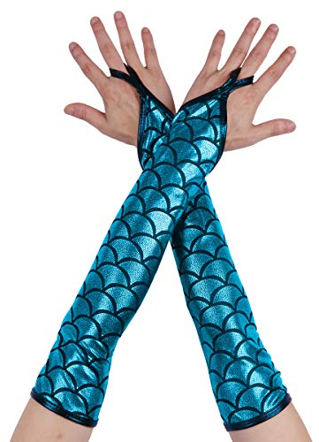 iiniim Damen Handschuhe Glänzend Metallic Meerjungfrau Skala Druck Fingerlose Lange Handschuhe Handstulpen Tanz Party Clubwear (10 Farben) Hell Blau Einheitsgröße