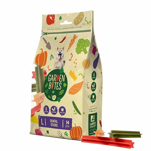 Garden Bites Dental Sticks - Snacks Vegetarianos para Perros - Sin Gluten - Aperitivos para Perros - Sabor Boniato - Alimento Rico en Vitaminas, Calcio y Hierro - Pack de 420g y 14 Uds - Duvo+