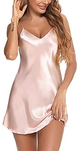 Litherday Negligee Damen Sexy Babydoll Kurz Satin Nachthemd V-Ausschnitt Nachtkleid Sommer Nachtwäsche Frau Sleepwear mit Verstellbare Träger, Champagner, M