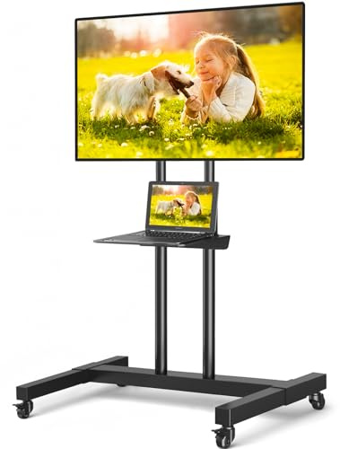 Rolling tv stand with wheels for 32-65 inch Flat Screen/Curved TVs,television stands with Height Adjustable mobile tv stand MAX VESA 600*400mm,tv floor stand with shelf,tv cart rolling tv stand,black