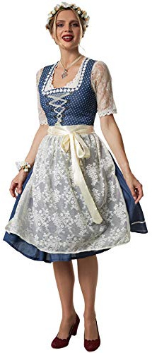 tectake dressforfun Midi Bavarian Dirndl Dress in Blue & White with Lace Apron, Waistband & Fitted Bodice with Lacing, Women's Traditional Fancy Dress, Ideal as Oktoberfest Outfit & Halloween Costume