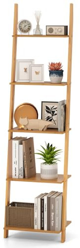 COSTWAY Estantería de Escalera de 5 Niveles, Moderna Estantería de Bambú Inclinada, Estantería con Almacenaje Abierto, Estantes de Exhibición para Sala de Estar Cocina Oficina, Estante Multifuncional