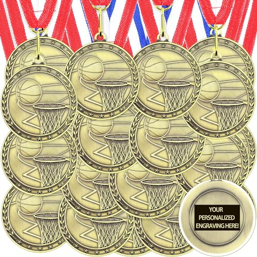 Equsion 36 Pcs 2'' Gold Medals Bulk Volleyball Football Basketball Soccer Baseball Archery Dink Ball Cheer Track Bowling Awards Medals with Ribbons for Sports Participation Winner Gift(Basketball)