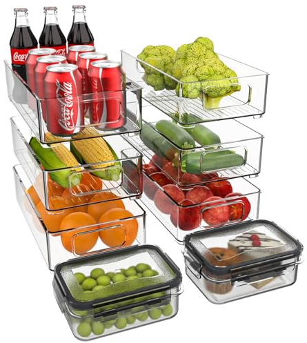 Diwoker Kühlschrank Organizer Stapelbar, Aufbewahrungsbox Küche Organizer, Speisekammer Vorratsbehälter Durchsichtig Behälter für Kühlschrank, Küchen, Schränke (8 Stück)