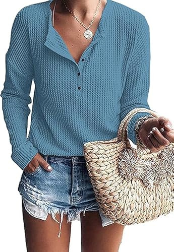 WNEEDU Camiseta Manga Larga Mujer Suelta Jersey Suéter Ligera Cuello en V Blusa Gofres Tejido Henley Camisas con Botones