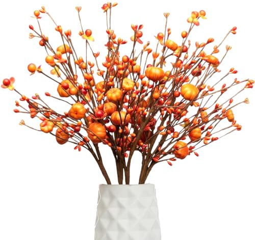 JOYWU Pumpkin Berry Stems - 5 Pcs 42cm Artificial Fall Branches With Foam Pumpkins for Vase, Bendable Thanksgiving Decor, Floral Bouquet, Autumn Harvest Decoration