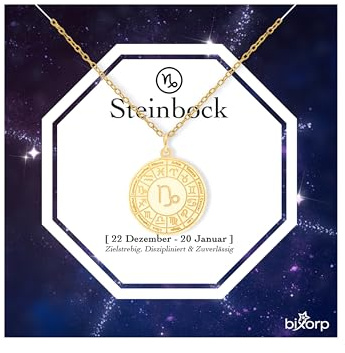 Bixorp Sternzeichen Steinbock Halskette - Sternzeichen-Medalion aus Edelstahl in Gold – Zodiac-Halskette auf Geschenkkarte