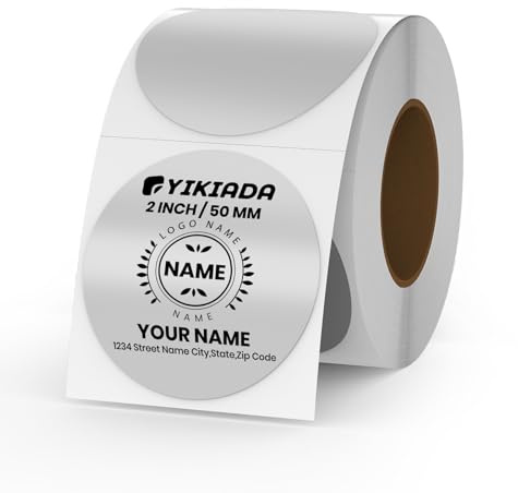 YIKIADA Etichette termiche argentate in vinile, 50 mm, autoadesive, metallizzate, a pois, impermeabili, cerchi, stampabili, per codice QR e indirizzi fai da te, confezione da 300