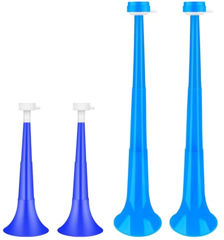 NoiseMaker Vuvuzela - Set di 4 corni pieghevoli da stadio, in plastica, blu, per eventi sportivi, giochi di laurea, scuola, sport, feste