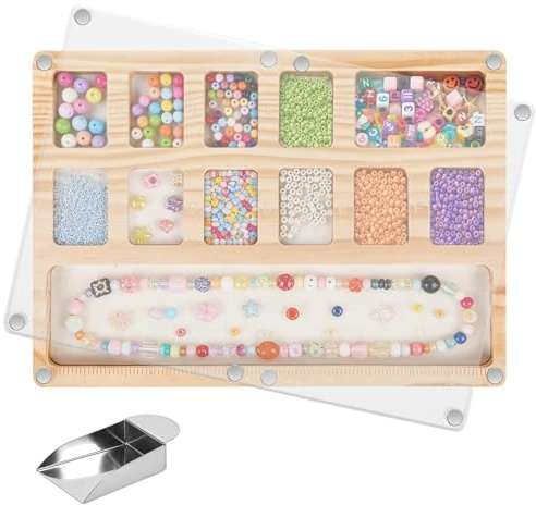 URCheers Plateau de tri de perles en bois avec couvercle magnétique en acrylique, 12 compartiments, plateau de design de bijoux doublé de velours avec règle, planches à perles pour la fabrication de