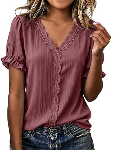 Generico Blusa Donna Misto Lino Cotone Scollo a V con Pizzo Maniche a Sbuffo Corte Leggera Traspirante Abbigliamento Estivo Casual Lavoro Vacanze Taglie