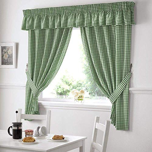 Alan Symonds Ready Made Curtains Alan Symonds Gingham Kitchen Curtains Green Pelmet 136 x 10 Inches, Polyester, 12399340