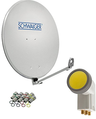 SCHWAIGER Satellitenschüssel Komplettset - Ø 88 cm Aluminium Offset Antenne in Hellgrau - Inkl. Quad LNB 4-Fach - Digital HD & 4K Empfang - Integrierte Kabelführung & wetterfest