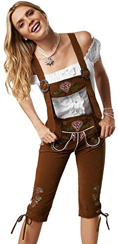 dressforfun 900804 Damen Lederhose mit Träger, Kniebund in klassischer Trachtenform, feine Blumenstickereien, braun - diverse Größen - (L| Nr. 302822)