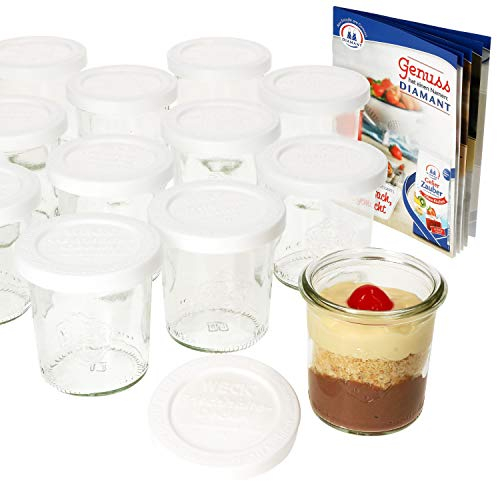 MamboCat 12er Set Weckgläser mit Frischhaltedeckel 140 ml I Original Weck Sturzglas Dessertglas I Einweckgläser mit Deckel für Kuchen Gelees UVM I inkl. Diamant-Zucker Gelierzauber Rezeptheft