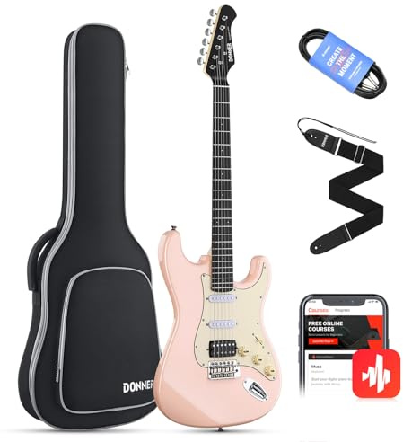 Donner 39 Inch Electric Guitar, Designer Series DST-200 Stylish Solid Body Electric Guitar for Beginner Intermediate & Pro Players, Single Coil Split System, Bag, Cable, Strap,Pink