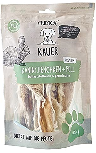 PRIMOX KAUER Kaninchenohren + Fell - ballaststoffreicher & geruchsarmer Kausnack für Hunde - Hundeleckerlie/Kauknochen/Zahnpflege, 1er Pack (1 x 0.10 kilograms)