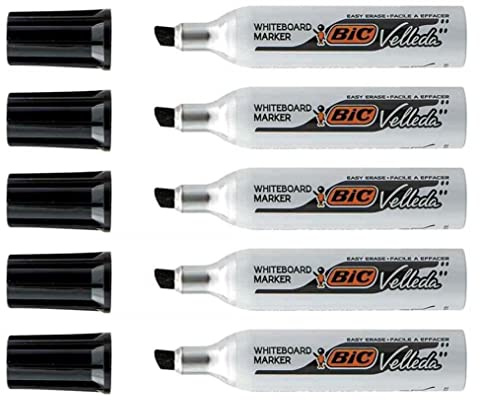 VELLEDA Lot de 5 Feutres tableau blanc effaçable à sec 1781 Pte Biseau Large Corps Métal Noir