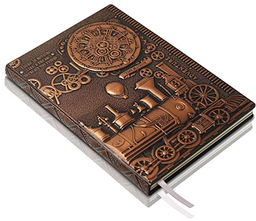 Train Embossed Leather Journal Notebook - 3D Handmade Vintage Train Journals Travel Diary with Lined Paper Antique leather sketchbook Writing Journals Train Gift for Women & Men (A5, Red Bronze)