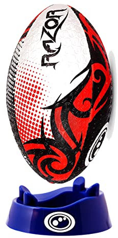 Optimum Razor Rugbyball, perfekt für Training & Gameplay, tolle Flug- und Luftrückhaltung, gummierte Noppenoberfläche für Grip, 2-lagig, 410 g, Schwarz/Rot, Größe 4, inklusive Kicking Tee