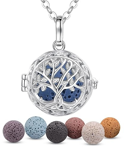 EUDORA Harmony Ball Collana con Diffusore di Oli Essenziali per Donne, Albero Della Vita Diffusore di Aromaterapia Collane con Ciondolo Palla di Pietra Lavica Medaglione Gioielli Regali, 24, 7 pezzi