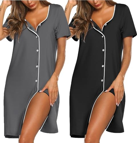 Ekouaer Nachthemd Damen Zum Knöpfen Baumwolle Kurzarm Sommer Nachtwäsche Nachthemden Nachtkleid T-Shirt Sleepwear Schlafhemd 2er Pack Stillkleidung XXL