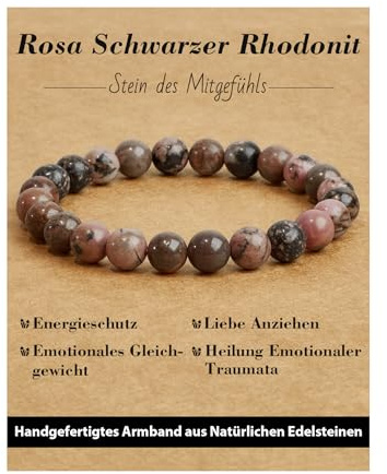 Landorilo Handmade Echte Naturstein Perlen Heilsteine Armband Damen Herren, 8MM Runde Edelsteine Yoga Armbänder, Glücksarmband, Kreative Schmuck Geschenke(Rosa Schwarzer Rhodonit)