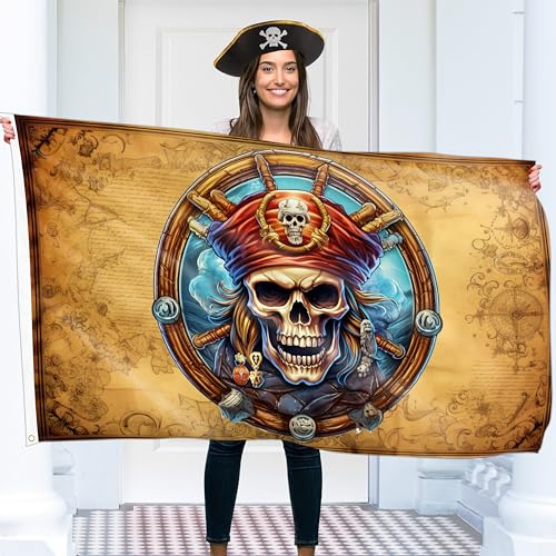 Piratenflagge 90x150 cm mit Ösen – Groß Piratenflagge Kinder – Lebendiger Digitaldruck – Piraten Fahne - Jolly Roger Flagge – Doppelnaht